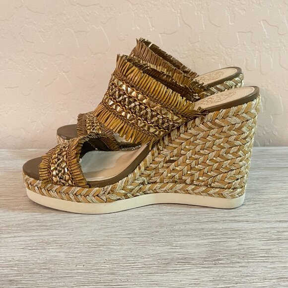 Vince Camuto Wedge Espadrille Sandals 6.5 Brittnuh Brown Gold Tan Slides - Picture 8 of 12